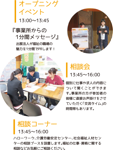 オープニングイベント：13:00～13:45「事業所からの1分間メッセージ」、相談会：13:45～16:00、相談コーナー：13:45～16:00